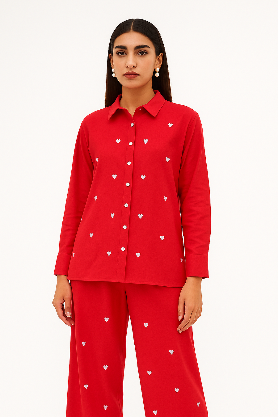 Cherry Red Heart Embroidered Co-ord set