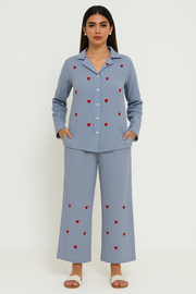 Slate Blue Heart Embroidered Co-ord set