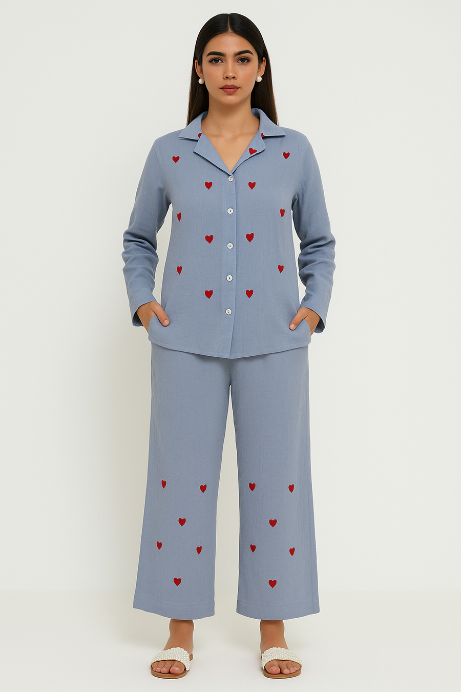 Slate Blue Heart Embroidered Co-ord set