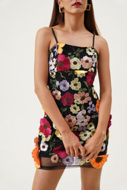 Midnight Bloom Appliqué  Mini Dress